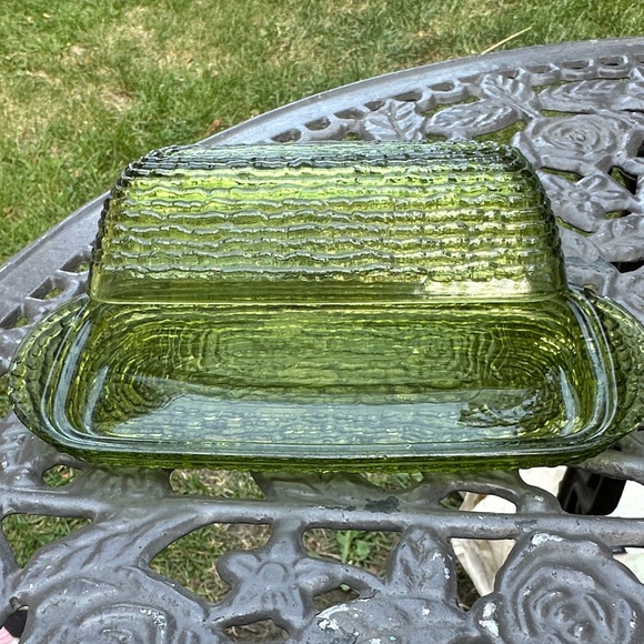VTG Anchor Hocking Soreno Glass Covered Butter Dish ~ Avocado Green - Picture 6 of 11